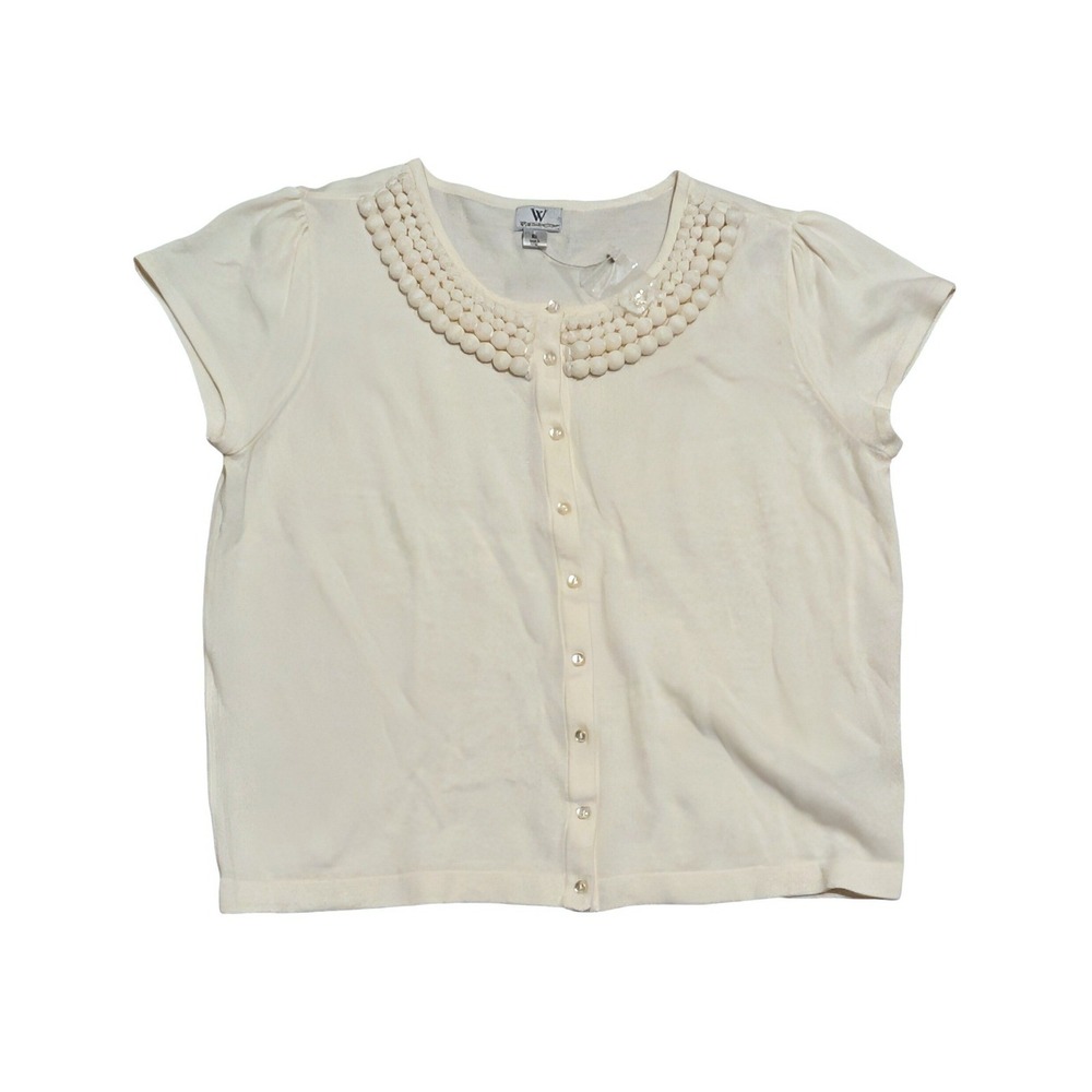 Worthington Womens XL Cream Knit Cardigan Top Button Up Short Sleeve NEW